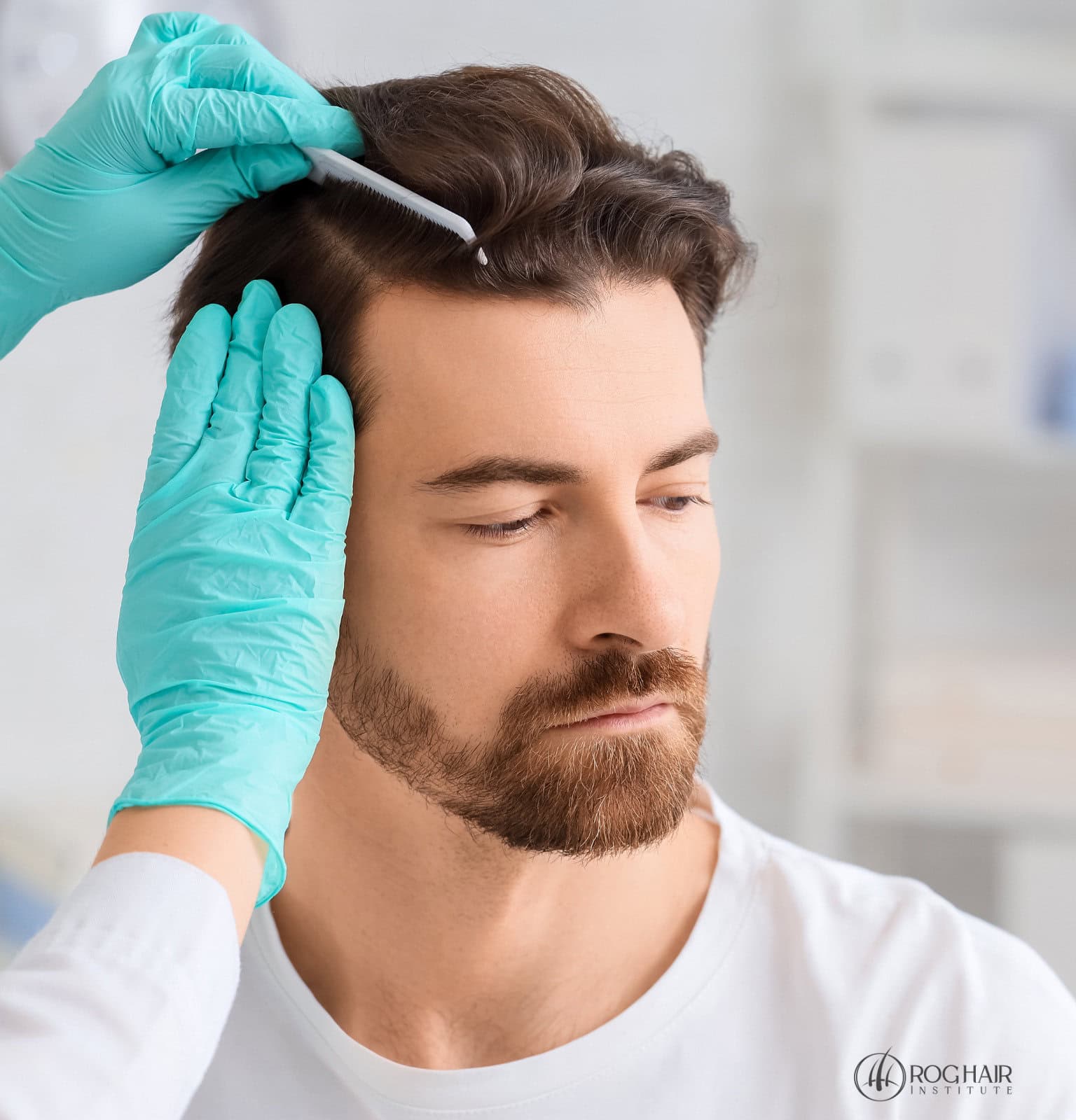 ROG Medspa Hair Transplants Houston TX - Doctor looking at man's hair